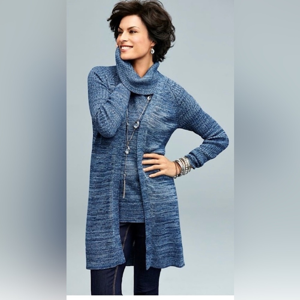 Chicos Blue Metallic Silver Cassia Knit Long Open Front Cardigan shimmer coastal